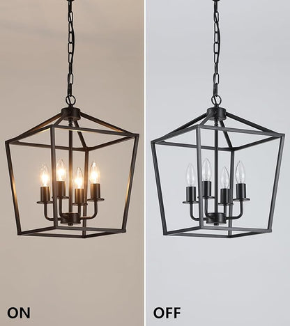 AMZASA UL Listed Black Industrial 4 Light Lantern Chandelier Ceiling Light Fixtures Farmhouse Metal Cage Rustic Geometric Pendant Light for Kitchen Island Entryway Dining Room Stairs and Hallway