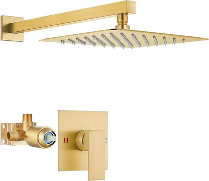Airuida Shower Faucet Set Bathroom Rain Shower System SUS304 Stainless Steel Single Handle With Male Threads Rough-in Valve Shower Trim Kit 10 Inch Wall Mount Shower Head Brushed Gold
