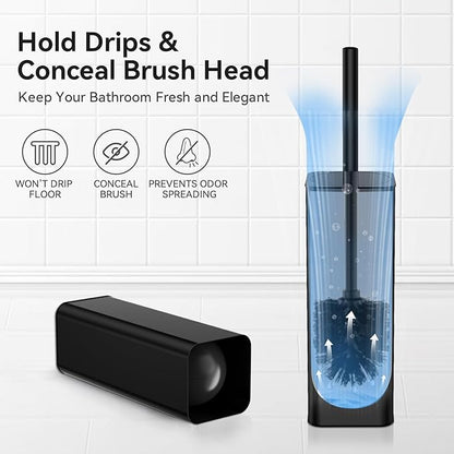 DOWRY Toilet Bowl Brush and Holder for Bathroom Storage Organization Deep Cleaning Covered Brush Cleaner Black Toilet Brush with 2 Brush Holders,Black Square