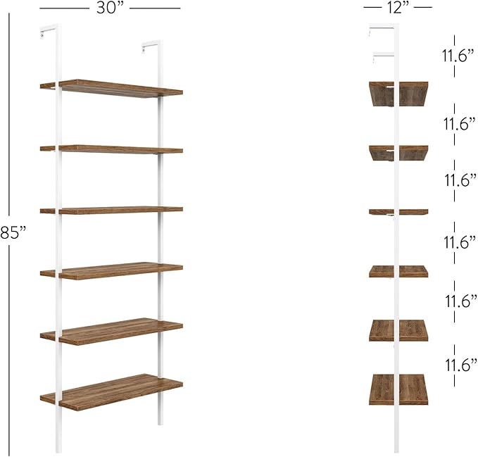 Nathan James Theo 6-Shelf Tall Bookcase, Wall Mount Bookshelf with Natural Wood Finish and Industrial Metal Frame, Rustic Oak/White