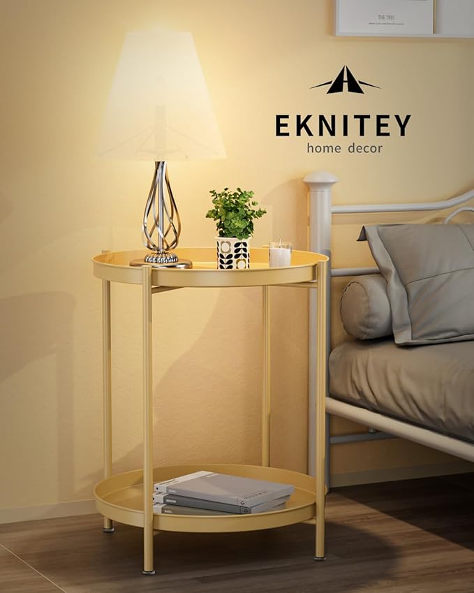 EKNITEY 2 Tier Side Table - Metal end Table Waterproof Small Sofa Coffee Side Tables Bedroom Indoor Outdoor with Removable Tray for Living Room Bedroom Balcony and Office