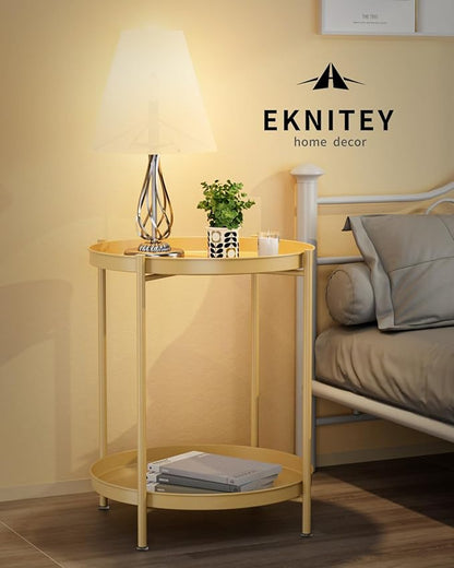EKNITEY 2 Tier Side Table - Metal end Table Waterproof Small Sofa Coffee Side Tables Bedroom Indoor Outdoor with Removable Tray for Living Room Bedroom Balcony and Office
