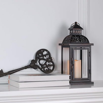 DECORKEY No Glass Lanterns Decorative Indoor & Outdoor, 15'' Candle Lantern Decorative Christmas Indoor Outdoor Decor, Vintage Metal Hanging Lanterns with LED Candle for Patio, Front Porch,Yard, Table