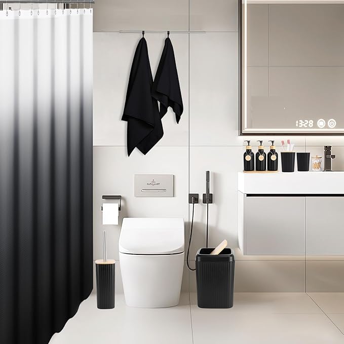 32PCS Bathroom Set Bathroom Accessories with Shower Curtain and Bath Towel,Trash Can,Bathroom Decor,Black Shower Curtain Set,Toilet Brush,Trash Can & 3PCS Soap Dispenser
