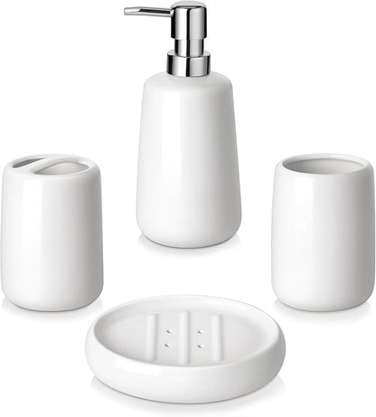vancasso White Bathroom Accessories Set, Ceramic Soap Dispenser and Toothbrush Holder Sets, Stoneware 4 Pcs Bathroom Sink Set for Modern Home Decor