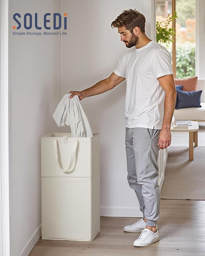 SOLEDI Freestanding Strong Transformable Laundry Hamper, Dual-Function Design, Large Collapsible Laundry Basket with Extended Handles, Easy to Carry, Clothes hamper for laundry（75L,Beige）