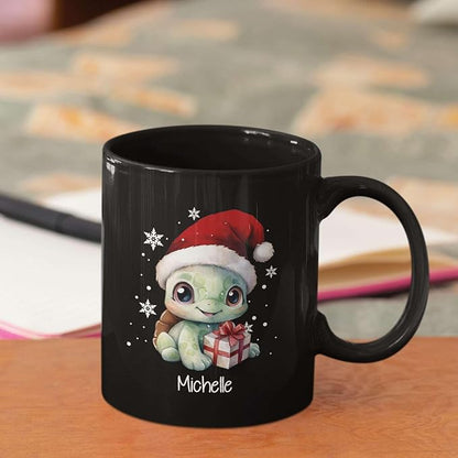 Coffee Mug With Xmas Turtle Design, Personalized Turtle Wearing Santa Hat Cup, Cute Baby Animal Black Mug 11oz 15oz, Custom Christmas Ceramic Cup, Customized Christmas Animal Mug Gift