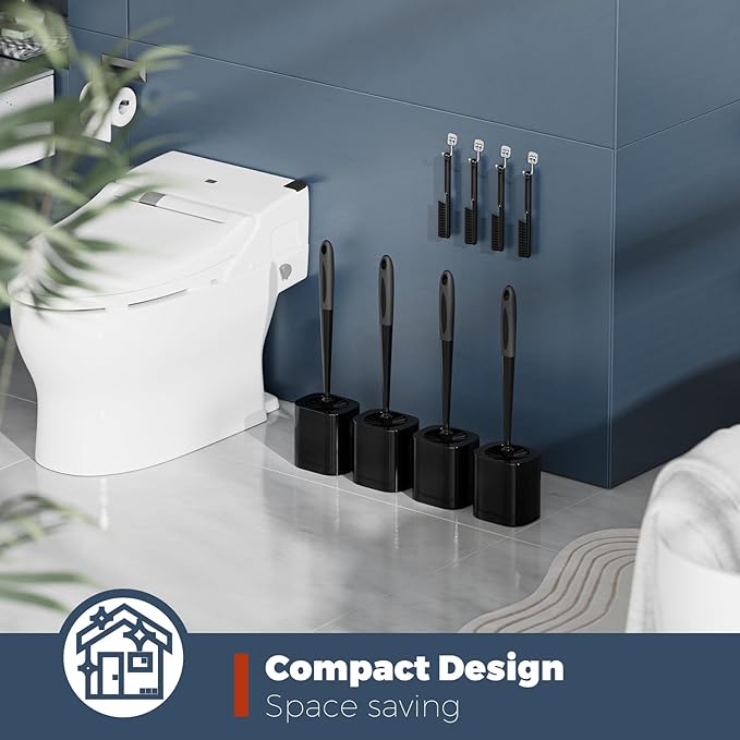 Toilet Brush, 4 Pack Toilet Brush and Holder Set Bathroom Accessories, Toilet Bowl Brush and Holder with 4 Crevice Brush for Bathroom, Toilet Scrubber Brush, Black