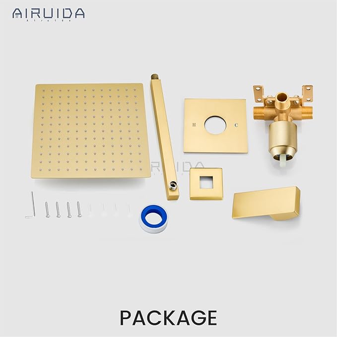 Airuida Shower Faucet Set Bathroom Rain Shower System SUS304 Stainless Steel Single Handle With Male Threads Rough-in Valve Shower Trim Kit 10 Inch Wall Mount Shower Head Brushed Gold