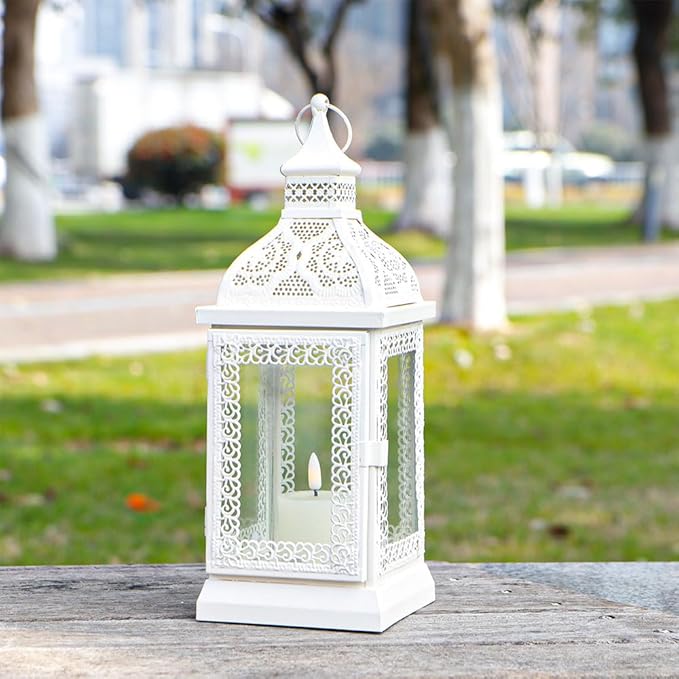 TRIROCKS Rustic Style Metal Candle Lantern 13'' High Decorative Outdoor Lantern Candle Holder with Tempered Glass for Thanksgiving Christmas Living Room Garden Patio Parties Indoors Outdoors (Cream)