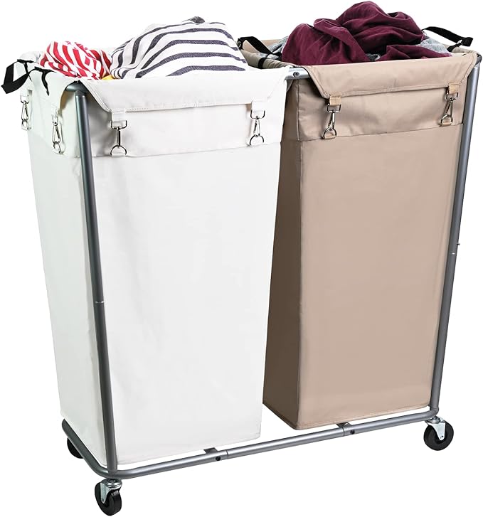 280L Laundry Cart with Wheels, Commercial Large Rolling Laundry Sorter, Heavy Duty Divided 2 Section Laundry Hamper with Steel Frame and Removable Bag for Laundry Room, Bedroom,Hotel Mix Color
