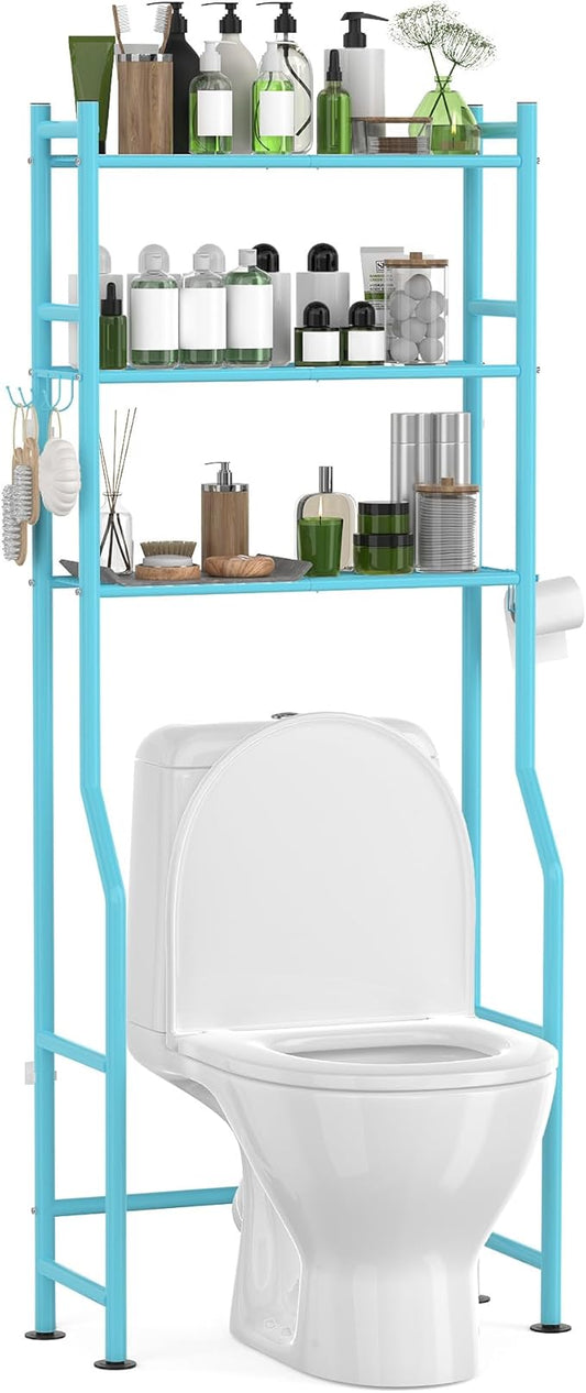 3-Tier Over The Toilet Storage with Paper Holder, Metal Bathroom Organizers and Storage for Small Space, Freestanding Bathroom Shelves with 4 Hooks, Above The Toilet Storage Shelf, Blue