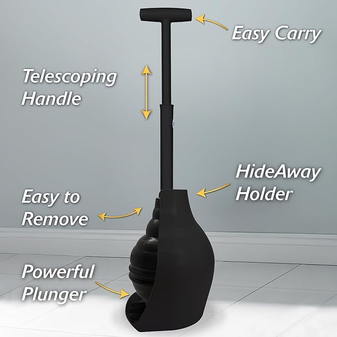 Korky BeehiveMAX Hideaway - Heavy Duty Toilet Plunger with Holder in Black - Drip Free Carry-Seals All Bowl Shapes – Powerful Clog Removal, 97-5B