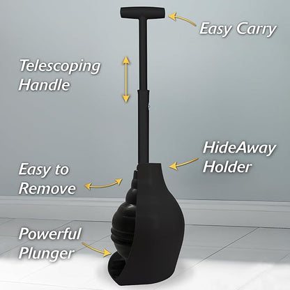 Korky BeehiveMAX Hideaway - Heavy Duty Toilet Plunger with Holder in Black - Drip Free Carry-Seals All Bowl Shapes – Powerful Clog Removal, 97-5B
