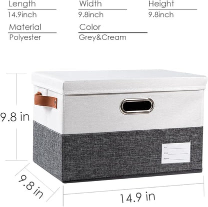 PRANDOM Foldable Storage Bins with Lids [3-Pack] Fabric Collapsible Storage Boxes Baskets Cubes Containers with Handles for Closet Living Room Bedroom (Grey & White 14.9x9.8x9.8'')
