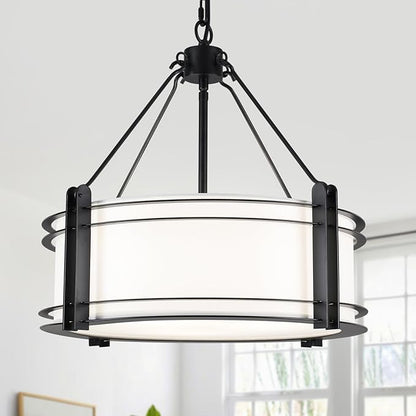 16.3''Black Drum Chandelier 3-Light Modern Farmhouse Chandelier with White Fabric Shade Adjustable Drum Pendant Light Fixture for Dining Room Kitchen Island Hallway Living Bedroom
