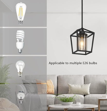 1 Pack Black Pendant Light Fixture Farmhouse Iron Cage Metal Pendant Light Lantern Hanging Light Fixtures with Clear Glass Shade for Kitchen Island, Dining Room, Hallway,Entryway1