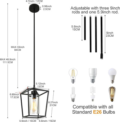 1-Light Black Pendant Light Fixture Farmhouse Iron Cage Metal Pendant Light Lantern Hanging Light Fixtures with Clear Glass Shade for Kitchen Island, Entryway, Dining Room, Hallway 5.9*5.9*8.27IN