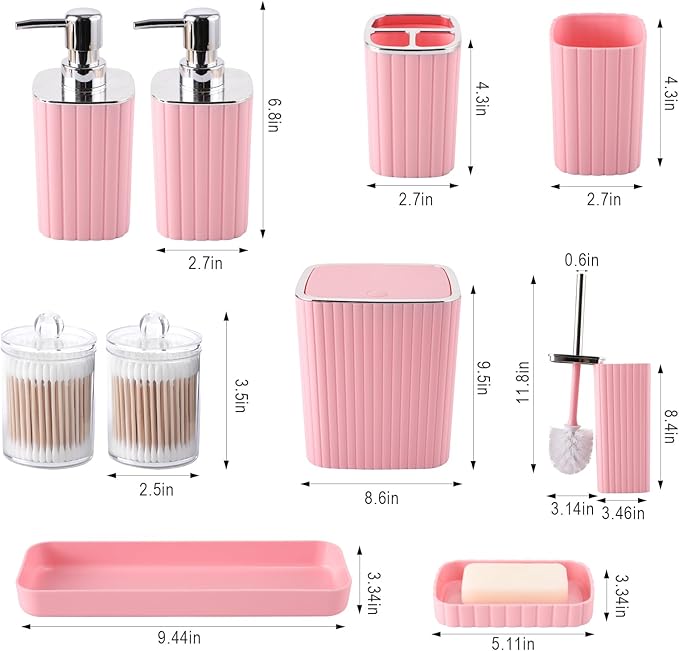 Pink Bathroom Accessories Set - Gorgeous Bathroom Set, 10PC Bathroom Accessory Set, Toilet Brush, Trash Can, Qtip Holder Dispenser & Soap Dispenser