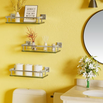 Alise Glass Shelves for Bathroom Wall, Tempered Glass Bathroom Shelf Wall Mounted, Modern Space Saving Floating Shelves 12 inch, Polished Chrome