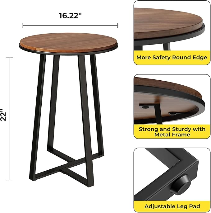 Round End Tables, Small Side Table Walnut Color MDF Top, Metal Frame Black, Tall End Table for Bed Room, Coffee Tea End Table for Living Room(Walnut+Black)