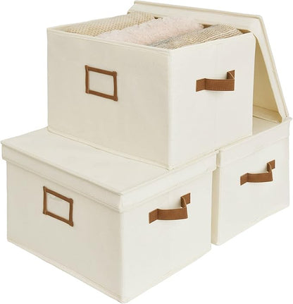 StorageWorks Storage Bins with Lids, Decorative Storage Boxes with Lid and PU Handles, Foldable Storage Baskets for Closet, Shelves, Stackable, Ivory, Jumbo, 3-Pack
