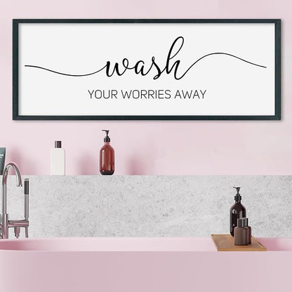 SRSZHIYUE Wash Your Worries Away Bathroom Sign Wall Art 32"×12" Funny Restroom Toilet Large Wood Framed Hanging Decor (Black)