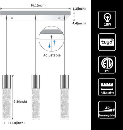 OKELI Smart 3-Light LED Pendant Lighting for Kitchen Island, 18W 1350LM Adjustable 3000K-6000K, Dimmable via TUYA App & Voice Control (Alexa/Google Home), Modern Crystal Bubble Pendant,Chrome Square
