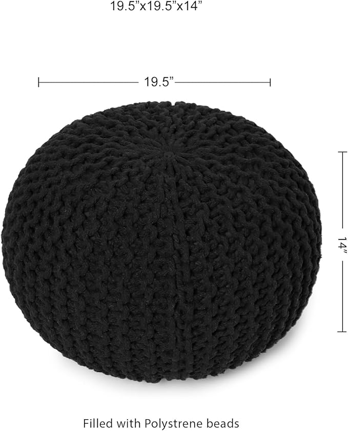 REDEARTH Round Pouf Foot Stool Ottoman - Hand Knitted Bean Bag - Cord Boho Pouffe - Cable Poof Footrest for Living Room - Nursery - Bedroom - Patio - 100% Cotton - Home Decor (19.5"x19.5"x14") - Black