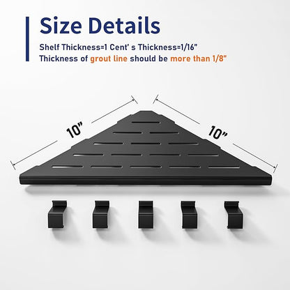 10‘’ Corner Shower Shelf, 304 Stainless Steel Shelves for Bathroom, Grout in Shelf with Hooks for Tiled Wall (Matte Black)