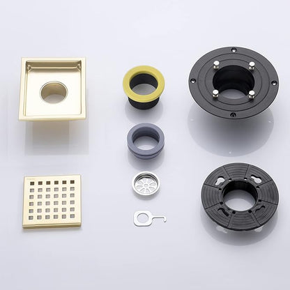 4 Inch Brushed Gold Shower Floor Drain Square for Bathroom Kitchen Removable Grill Plate Cover with Flange Kit, Sus304 Stainless Steel Brass Finish