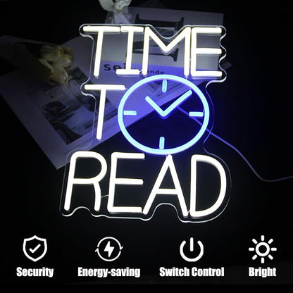 Time To Read Neon Sign Read Books Neon Light White Letter LED Signs Blue Clock Neon Read Light Up Sign for Bedroom Classroom Library Reading Corner Bookstore Decor