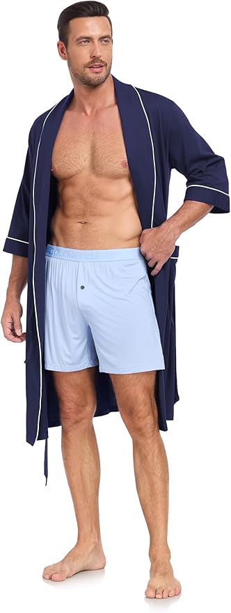 COLORFULLEAF Men's Bathrobes 100% Cotton Soft Comfort Breathable Short Sleeve Summer Kimono Mens Lightweight Robe