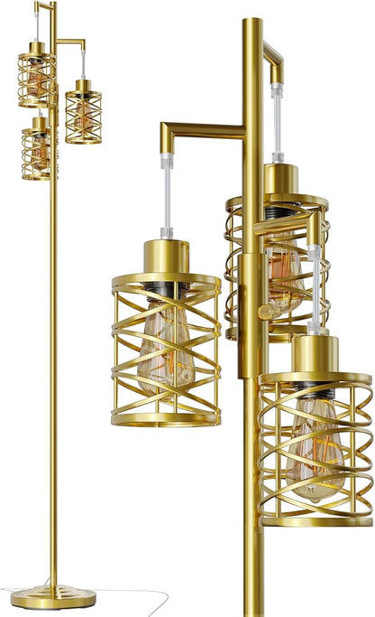 Oneach 70" Industrial Floor Lamp, Stepless Dimmable Standing Lamp with 3 Bulbs, Farmhouse Corner Standing Tree Lamp for Living Room, Tall Lamps for Bedroom, Office, Study Room, Dining Room, Gold
