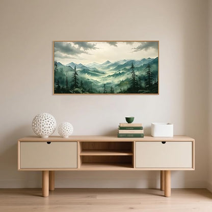 Celestdeco Green Foggy Mountain Framed Canvas Wall Art Set, Misty Forest Wall Decor, Watercolor Pine Tree Wall Painting, Large Nature Landscape Art Print for Living Room, Bedroom, Office - 20"X40"