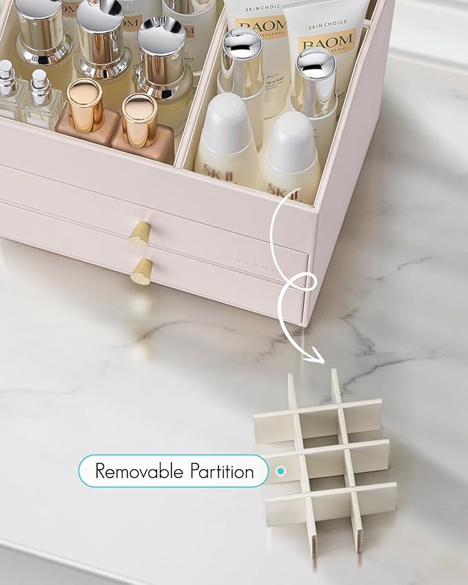 Vlando Makeup Organizer,Skincare Organizer for Vanity，PU Leather Make up Organizer with Drawers Cosmetic Display Case for Countertop,Perfume,Gifts Ideas for Women (Apricot White)