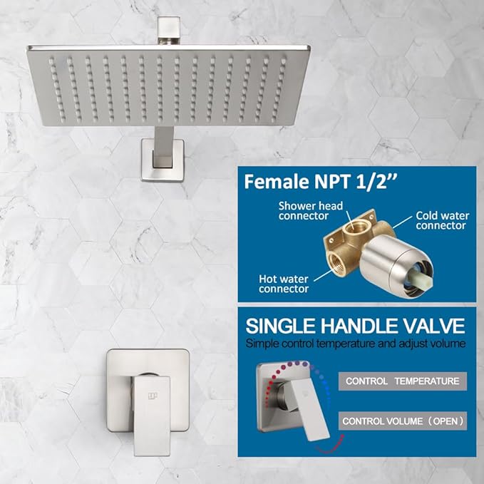 POP SANITARYWARE Shower Faucet Set with Rainfall 12 Inch Shower Head, Wall Mounted Bathroom Shower System Brushed Nickel, Single Function Shower Trim Kit with Valve