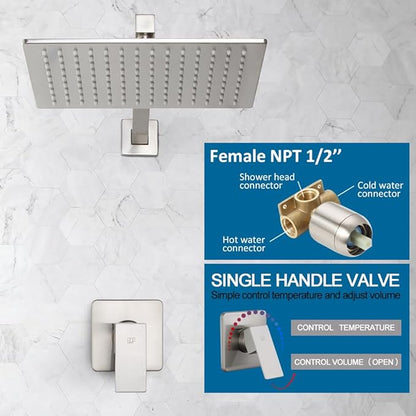 POP SANITARYWARE Shower Faucet Set with Rainfall 12 Inch Shower Head, Wall Mounted Bathroom Shower System Brushed Nickel, Single Function Shower Trim Kit with Valve