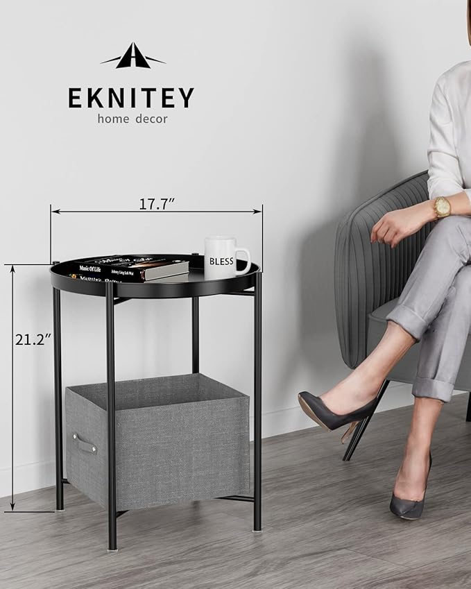 EKNITEY Small Side End Table - Metal Side Table Waterproof Small Sofa Coffee Side Tables Bedroom Indoor Outdoor with Removable Tray for Living Room Bedroom Balcony and Office