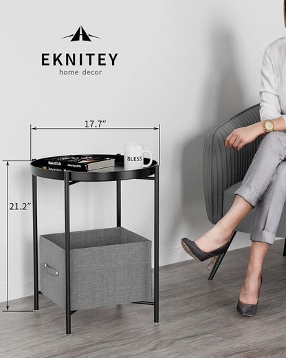 EKNITEY Small Side End Table - Metal Side Table Waterproof Small Sofa Coffee Side Tables Bedroom Indoor Outdoor with Removable Tray for Living Room Bedroom Balcony and Office