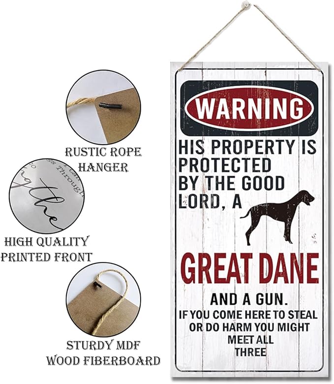 Warning Sign, This Property Is Protected By The Goodlord, A Great Dane And A Gun Warning Wood Plaque Sign, Funny Door Signs, Decorative Wood Hanging Suspension Plaque, Farmhouse Wooden Wall Decor