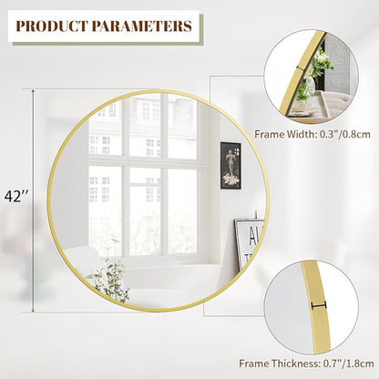 BEAUTYPEAK 42 Inch Round Mirror, Metal Frame Circle Mirror, Wall Mounted for Entryway, Bathroom, Vanity, Living Room, Gold