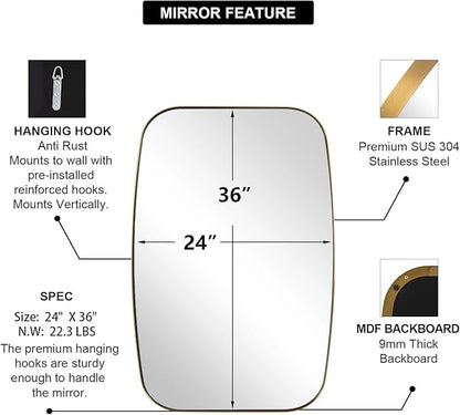 ANDY STAR Gold Oval Mirrors for Bathroom, Large 24x36’’ Brushed Gold Metal Framed Oblong Wall Mirror, Modern Brass Vanity Mirror in Stainless Steel Frame Wall Mount Horizontal or Vertical