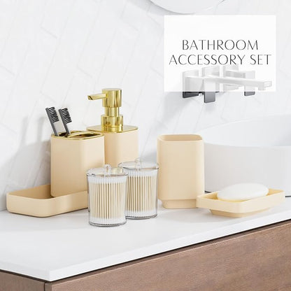 9PCS Bathroom Accessory Set, Beige Bathroom Set with Large-Capacity 4 Gallon Trash Can, Bathroom Accessories Set Complete, Toothbrush Holder, Soap Dispenser, Toilet Brush, Bathroom Decor