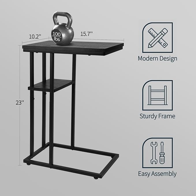 Yoobure C Shaped End Table, Side Table for Couch and Bed, Small Side Table for Small Spaces, Living Room, Bedroom, Rustic Snack Table