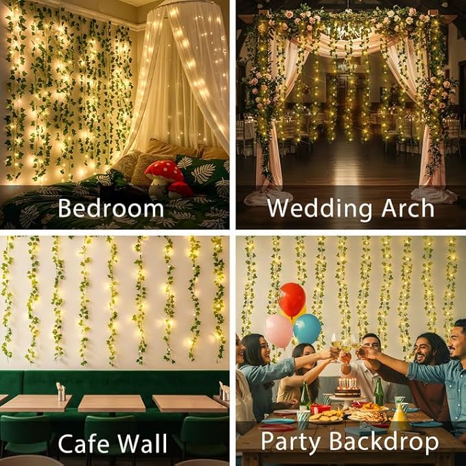 suddus 200 LED Vine with Light Plug in, 6.5ft x 6.5ft Ivy Fairy Curtain Lights with Remote, Leaf Fairy Lights for Wall,Bedroom, Dorm, Wedding, Party, Indoor Decor(Warm White)