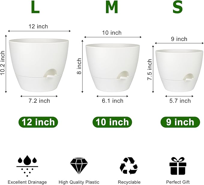 Plant Pots 12/10/9 Inch Self Watering Pots, Set of 3 Plastic Planters with Drainage Holes and Saucers,Plastic Flower Pots,Nursery Planting Pot for Indoor Out Door Plants(Pure White)