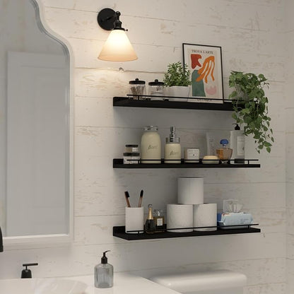 WOPITUES Floating Shelves 24 inch with Gold Metal Guardrail, Shelves for Wall Decor Set of 3, Wall Shelves for Bedroom, Bathroom, Kitchen, Living Room, Plants, Picture Frames, Art- Black