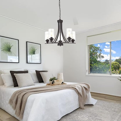 BONLICHT Rustic Kitchen Island 5-Light Oil-Rubbed Bronze Traditional Chandelier Industrial Vintage Pendant Lights Classic Glass Ceiling Lighting UL Listed