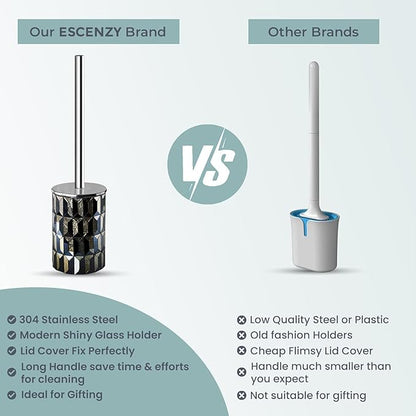 Cute Toilet Brush and Holder Set Mosaic Glass | Non-Rustic Stainless Steel | Practical & Decorative Toilet Bowl Brush and Holder | Luxury Black and Gold Bathroom Accessories (Latest)